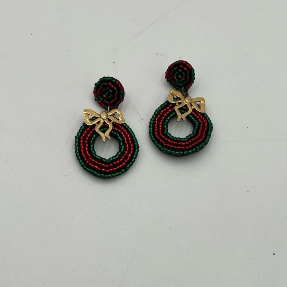 Festive Green and Red Beaded Earrings with Gold Bow - Picture 4 of 5